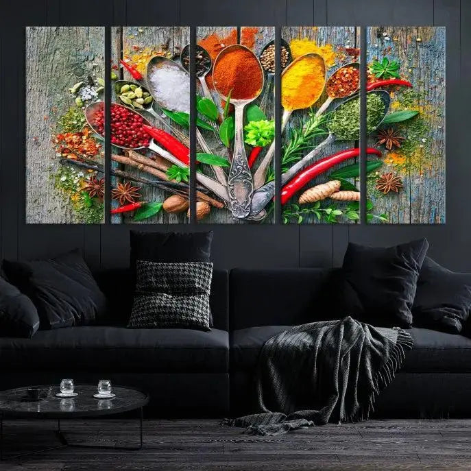 The dining room features the Kitchen Wall Art Print - Spoonful of Spices Cooking Wall Art Canvas Print as culinary art on the wall.