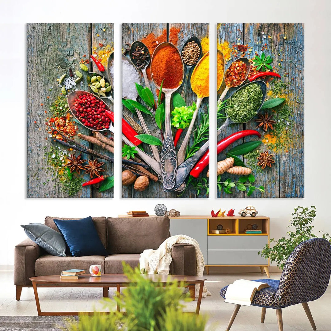 The living room features the Spoonful of Spices Cooking Wall Art Canvas.