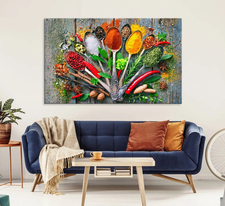 The living room features the Spoonful of Spices Cooking Wall Art Canvas.