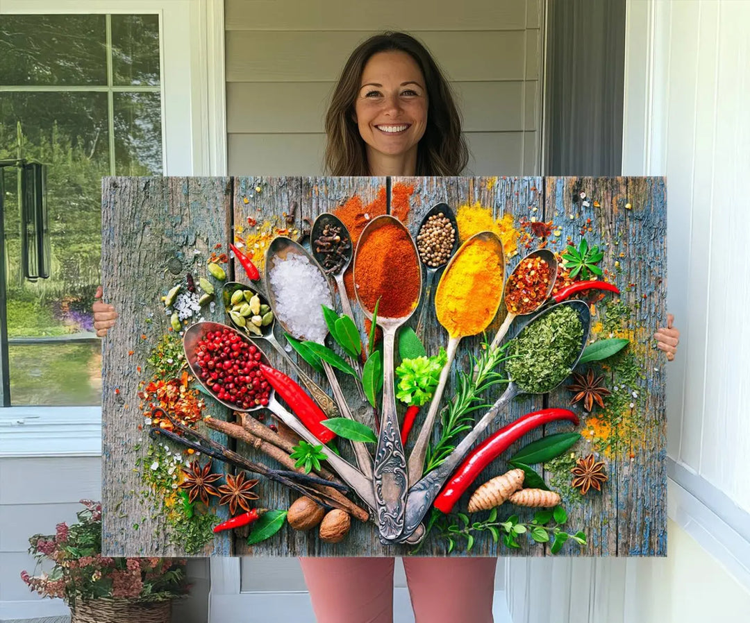 The living room features the Spoonful of Spices Cooking Wall Art Canvas.