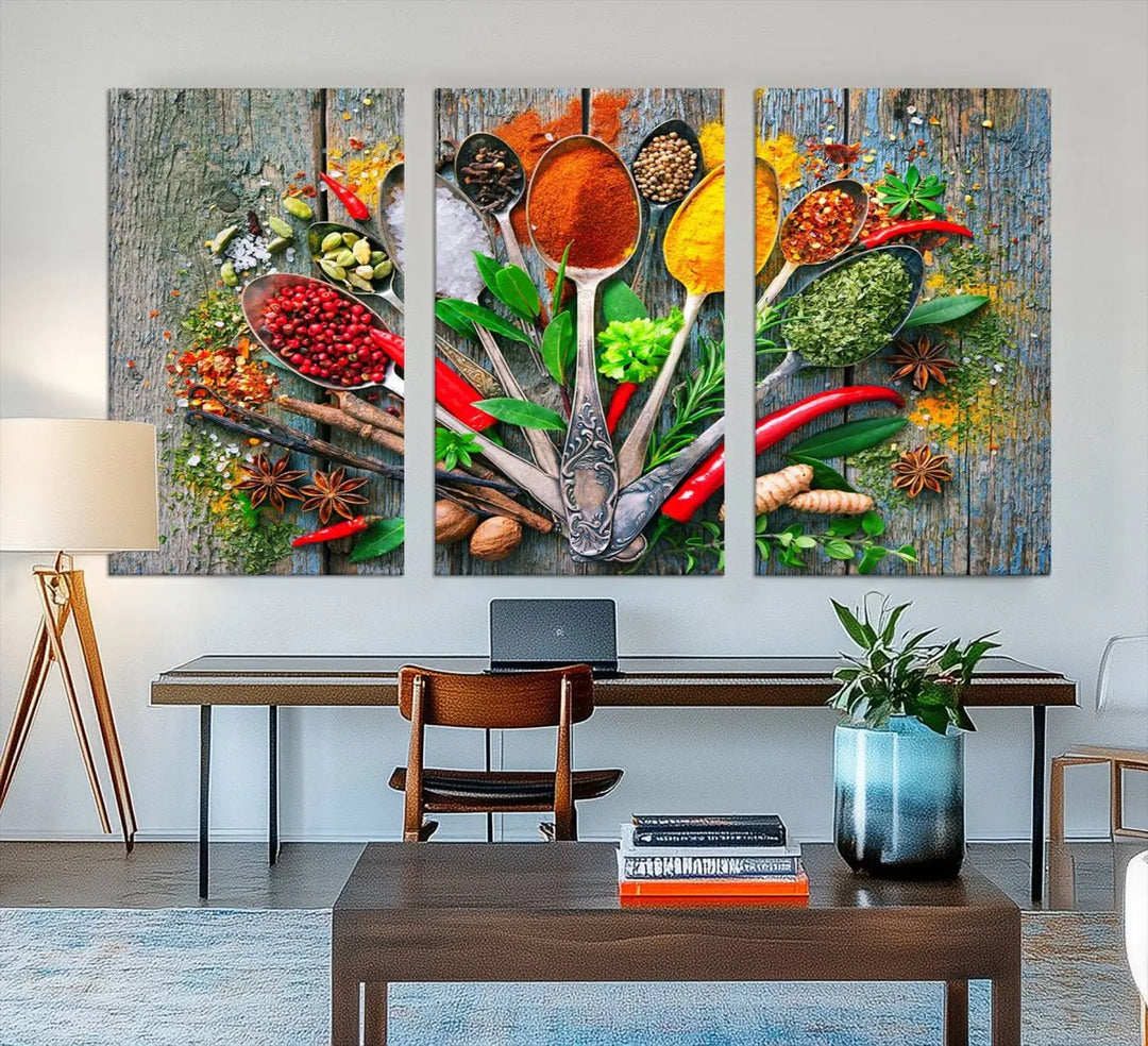 The living room features the Spoonful of Spices Cooking Wall Art Canvas.