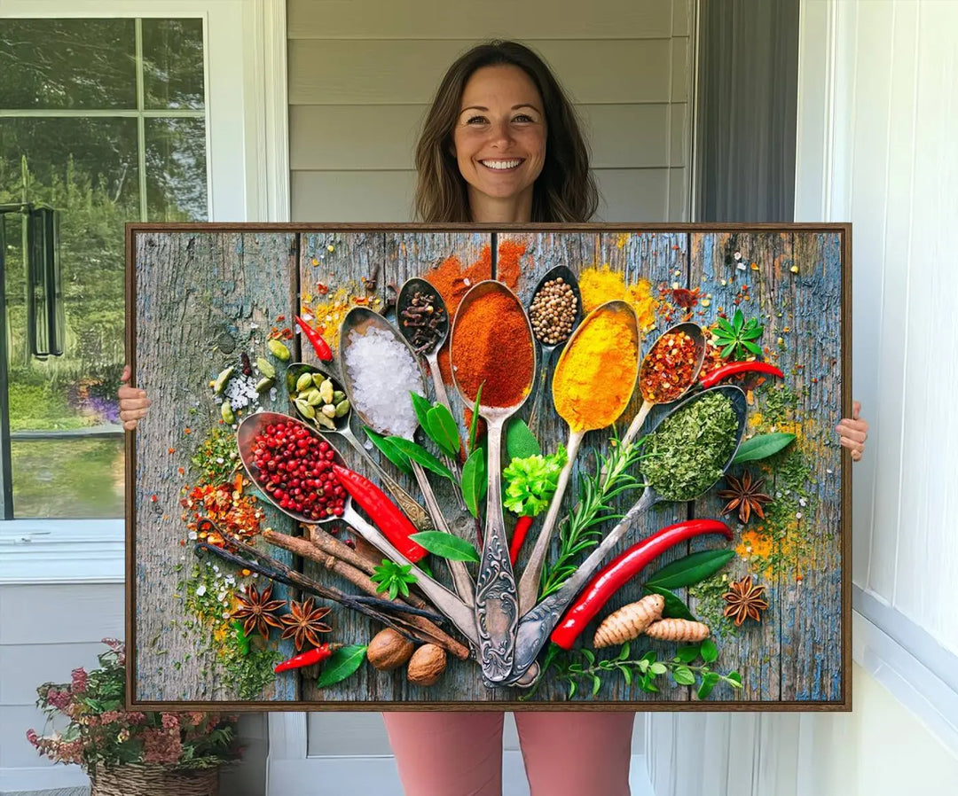 The living room features the Spoonful of Spices Cooking Wall Art Canvas.