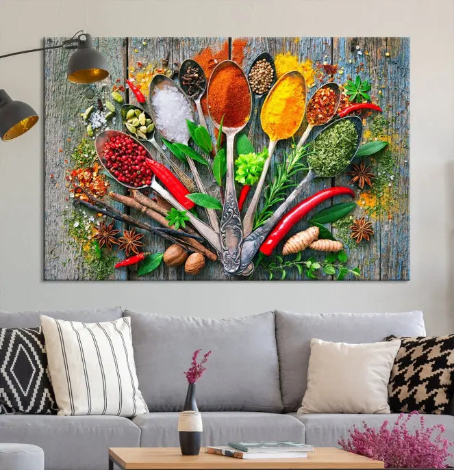 The dining room features the Kitchen Wall Art Print - Spoonful of Spices Cooking Wall Art Canvas Print as culinary art on the wall.