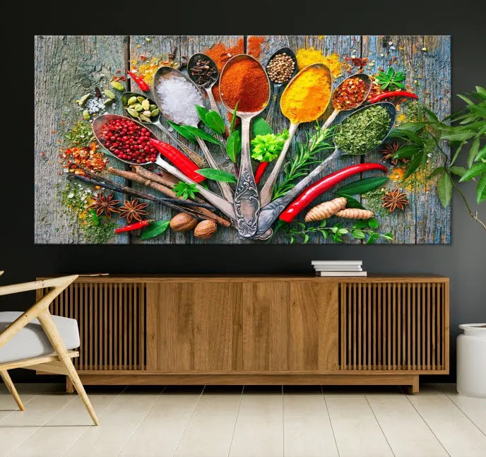 The dining room features the Kitchen Wall Art Print - Spoonful of Spices Cooking Wall Art Canvas Print as culinary art on the wall.