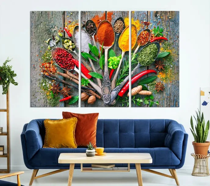 The dining room features the Kitchen Wall Art Print - Spoonful of Spices Cooking Wall Art Canvas Print as culinary art on the wall.