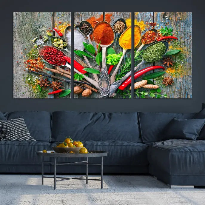 The dining room features the Kitchen Wall Art Print - Spoonful of Spices Cooking Wall Art Canvas Print as culinary art on the wall.