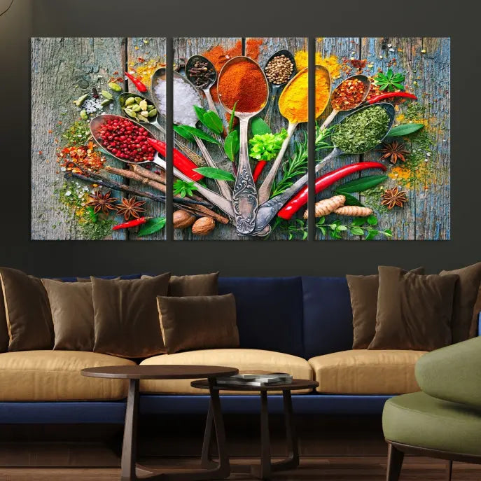 The dining room features the Kitchen Wall Art Print - Spoonful of Spices Cooking Wall Art Canvas Print as culinary art on the wall.