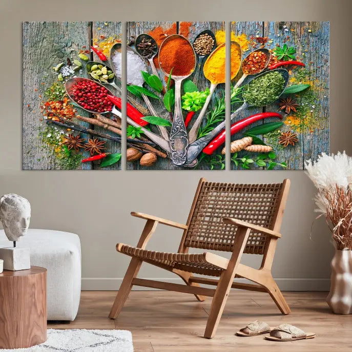 The dining room features the Kitchen Wall Art Print - Spoonful of Spices Cooking Wall Art Canvas Print as culinary art on the wall.