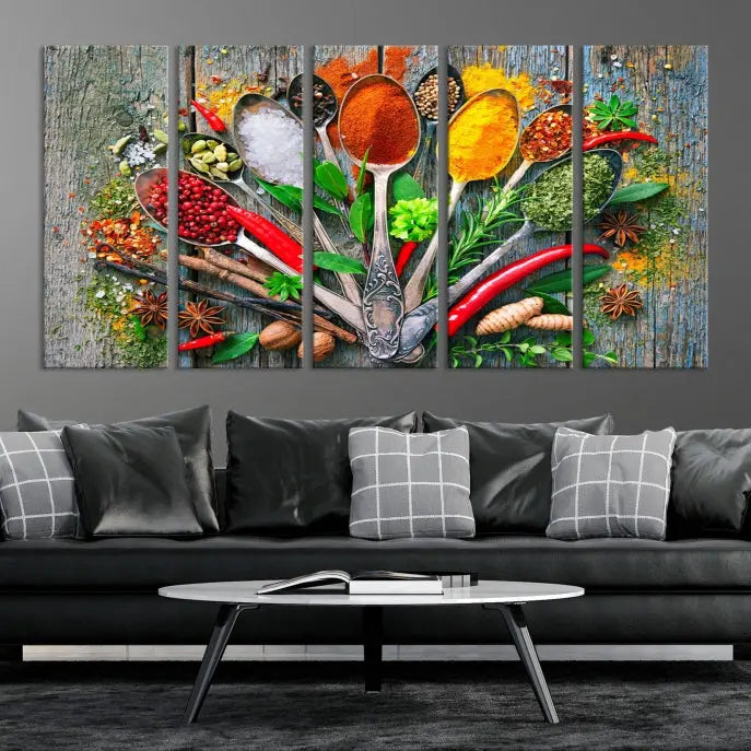 The dining room features the Kitchen Wall Art Print - Spoonful of Spices Cooking Wall Art Canvas Print as culinary art on the wall.