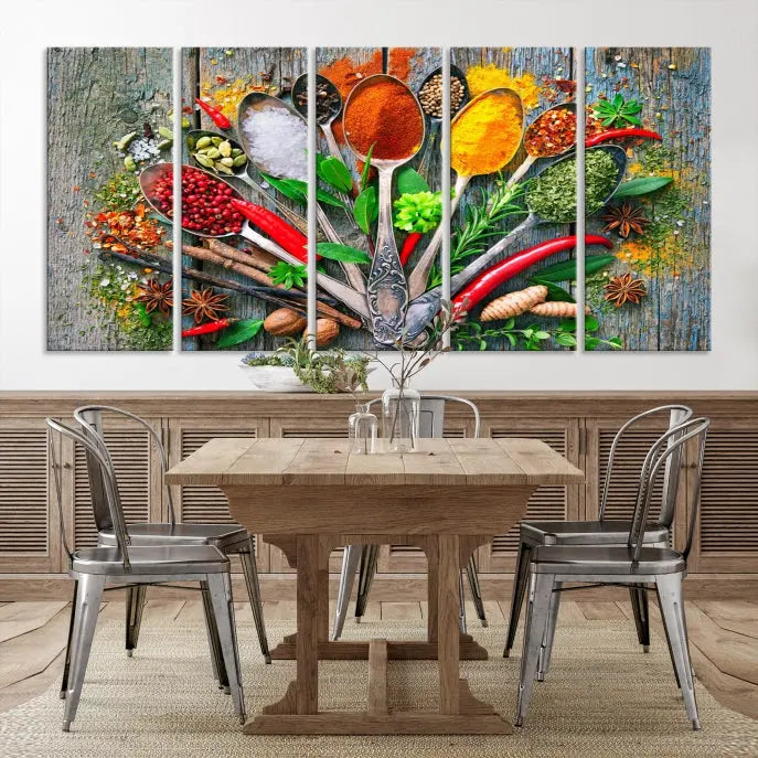 The dining room features the Kitchen Wall Art Print - Spoonful of Spices Cooking Wall Art Canvas Print as culinary art on the wall.