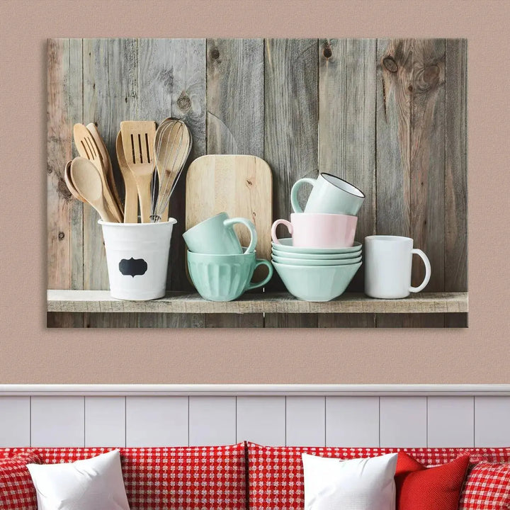 The "Kitchenware on Rustic Woods Canvas" features a triptych of kitchen utensils and cups. This piece evokes artistry reminiscent of museum-quality canvases, with each detail appearing as if handcrafted in the USA.