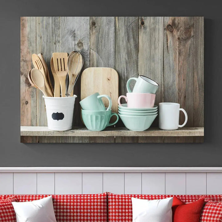 The "Kitchenware on Rustic Woods Canvas" features a triptych of kitchen utensils and cups. This piece evokes artistry reminiscent of museum-quality canvases, with each detail appearing as if handcrafted in the USA.