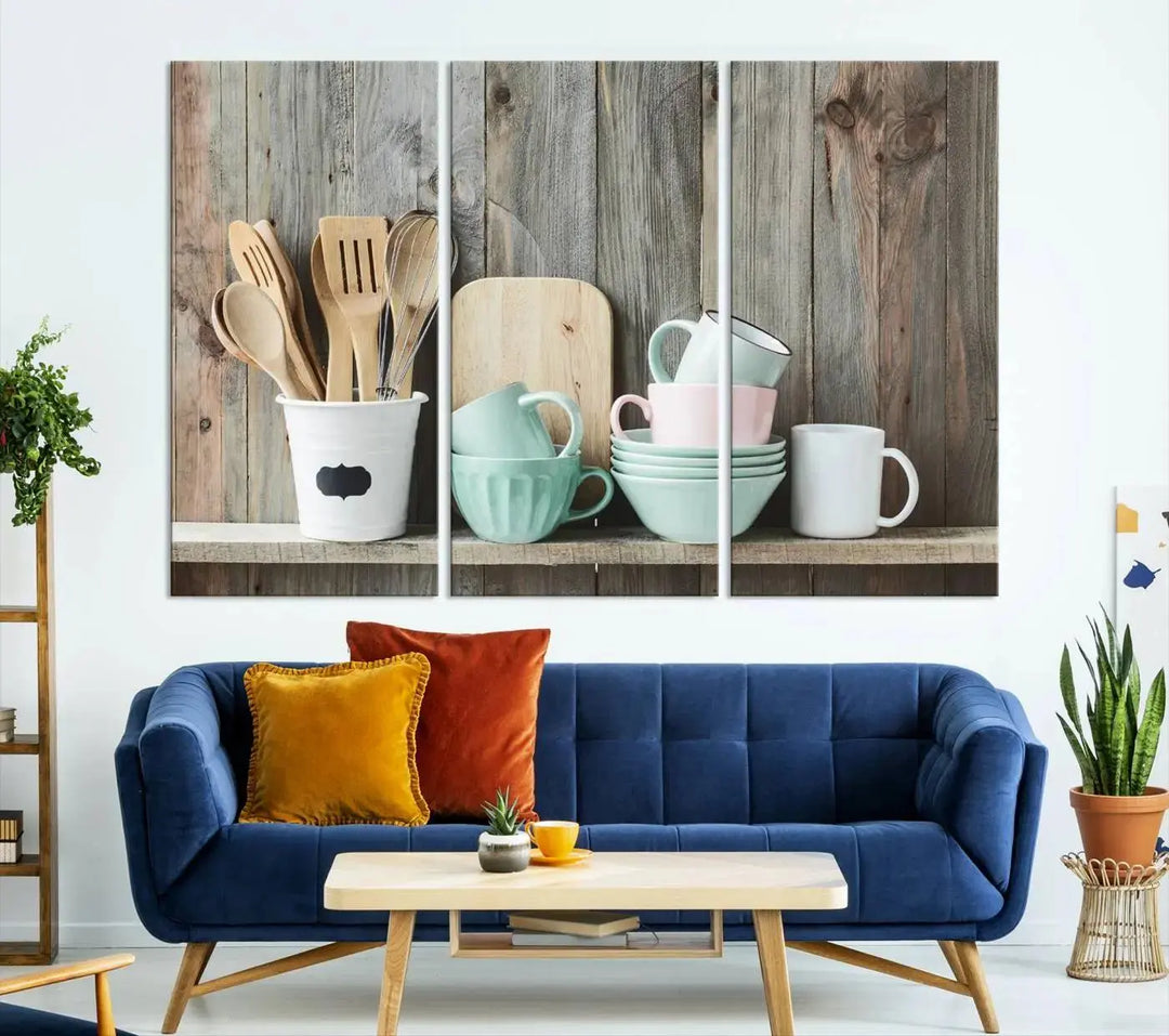 The "Kitchenware on Rustic Woods Canvas" features a triptych of kitchen utensils and cups. This piece evokes artistry reminiscent of museum-quality canvases, with each detail appearing as if handcrafted in the USA.