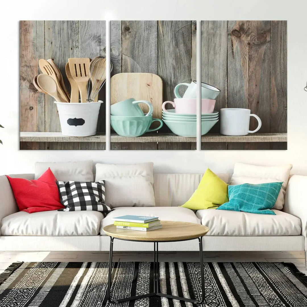 The "Kitchenware on Rustic Woods Canvas" features a triptych of kitchen utensils and cups. This piece evokes artistry reminiscent of museum-quality canvases, with each detail appearing as if handcrafted in the USA.