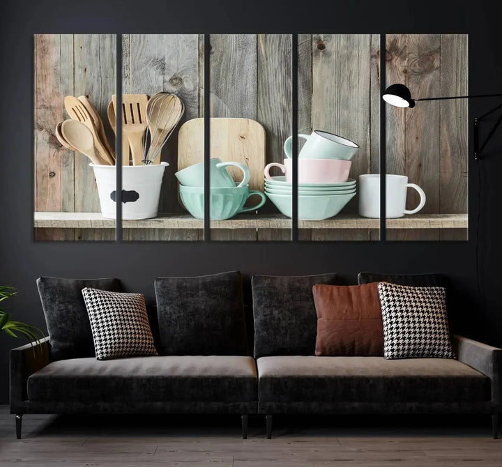 The "Kitchenware on Rustic Woods Canvas" features a triptych of kitchen utensils and cups. This piece evokes artistry reminiscent of museum-quality canvases, with each detail appearing as if handcrafted in the USA.