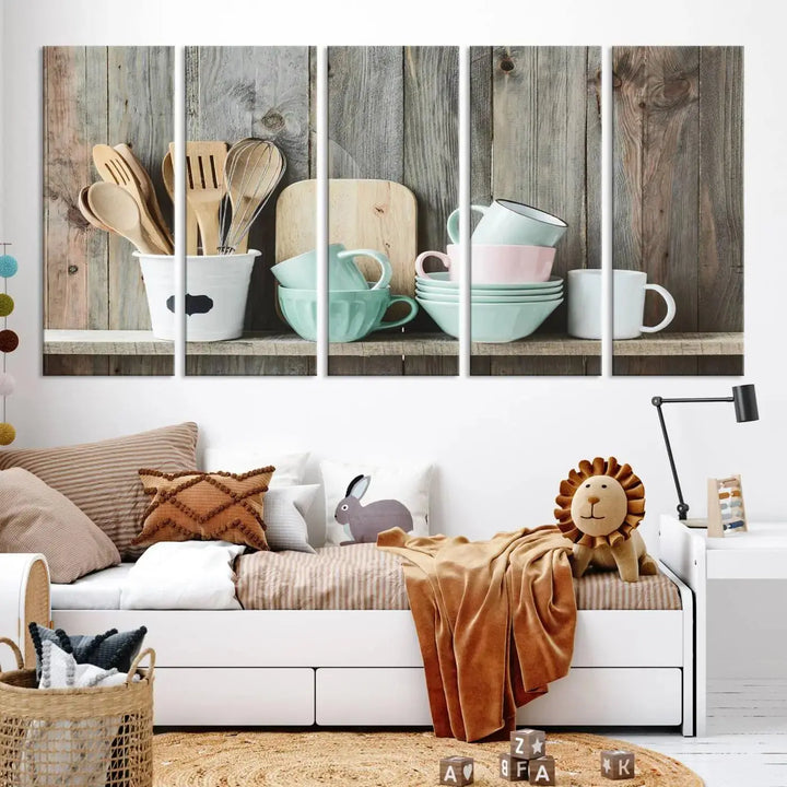 The "Kitchenware on Rustic Woods Canvas" features a triptych of kitchen utensils and cups. This piece evokes artistry reminiscent of museum-quality canvases, with each detail appearing as if handcrafted in the USA.