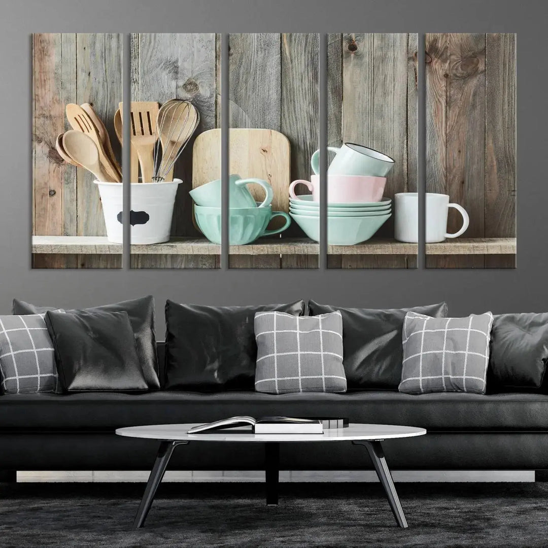 The "Kitchenware on Rustic Woods Canvas" features a triptych of kitchen utensils and cups. This piece evokes artistry reminiscent of museum-quality canvases, with each detail appearing as if handcrafted in the USA.