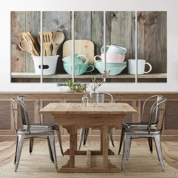 The "Kitchenware on Rustic Woods Canvas" features a triptych of kitchen utensils and cups. This piece evokes artistry reminiscent of museum-quality canvases, with each detail appearing as if handcrafted in the USA.