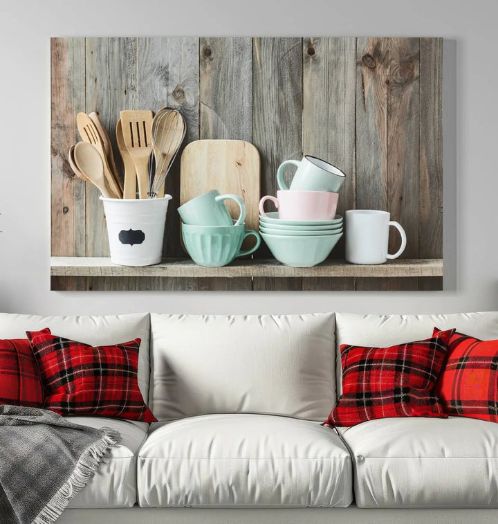 The "Kitchenware on Rustic Woods Canvas" features a triptych of kitchen utensils and cups. This piece evokes artistry reminiscent of museum-quality canvases, with each detail appearing as if handcrafted in the USA.