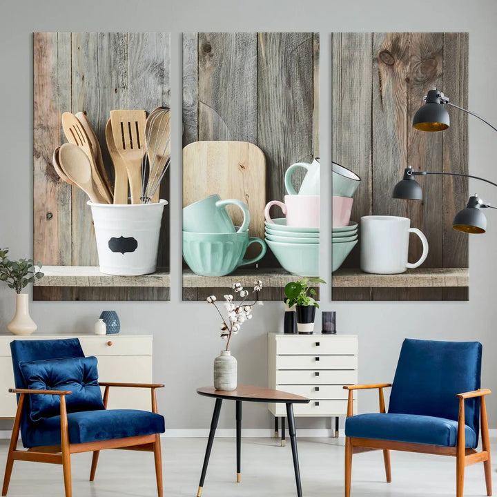 The "Kitchenware on Rustic Woods Canvas" features a triptych of kitchen utensils and cups. This piece evokes artistry reminiscent of museum-quality canvases, with each detail appearing as if handcrafted in the USA.