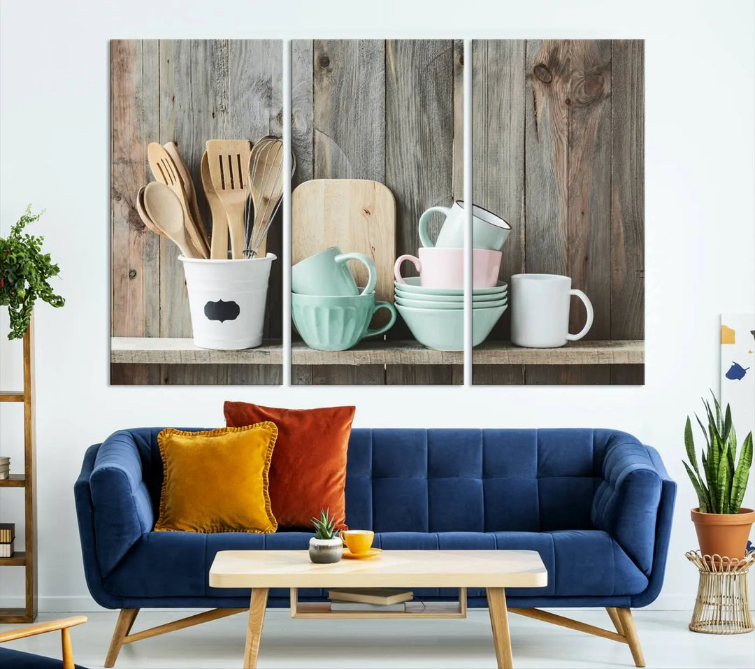 The "Kitchenware on Rustic Woods Canvas" features a triptych of kitchen utensils and cups. This piece evokes artistry reminiscent of museum-quality canvases, with each detail appearing as if handcrafted in the USA.