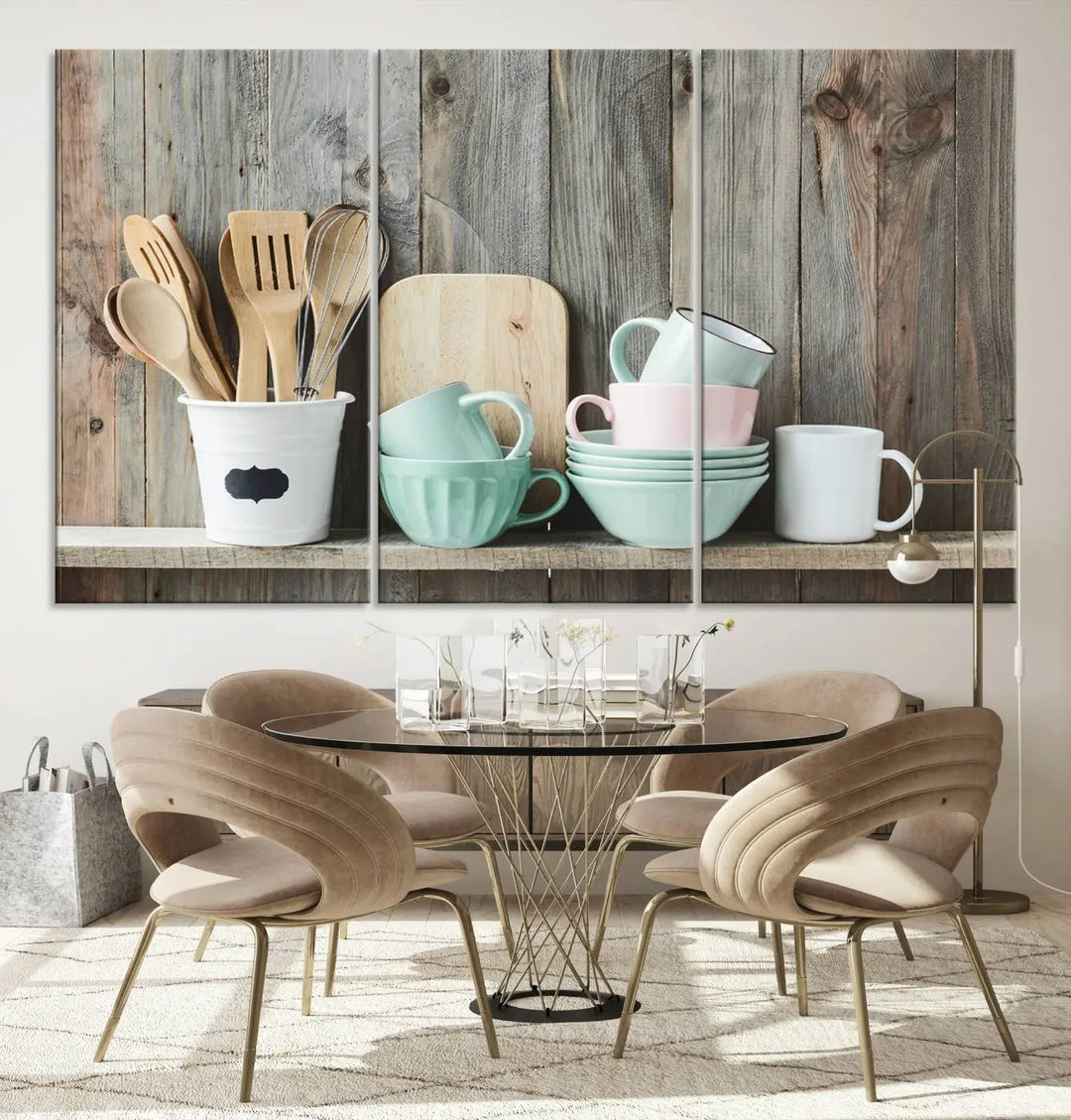 The "Kitchenware on Rustic Woods Canvas" features a triptych of kitchen utensils and cups. This piece evokes artistry reminiscent of museum-quality canvases, with each detail appearing as if handcrafted in the USA.