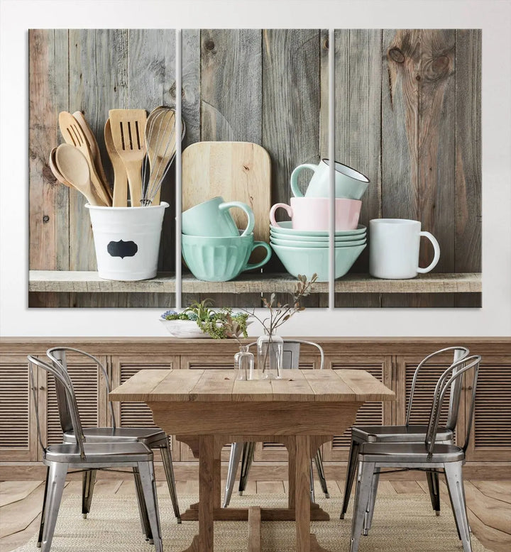 The "Kitchenware on Rustic Woods Canvas" features a triptych of kitchen utensils and cups. This piece evokes artistry reminiscent of museum-quality canvases, with each detail appearing as if handcrafted in the USA.