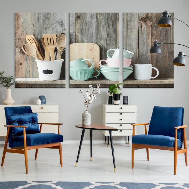 The "Kitchenware on Rustic Woods Canvas" features a triptych of kitchen utensils and cups. This piece evokes artistry reminiscent of museum-quality canvases, with each detail appearing as if handcrafted in the USA.