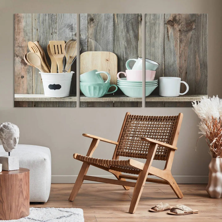 The "Kitchenware on Rustic Woods Canvas" features a triptych of kitchen utensils and cups. This piece evokes artistry reminiscent of museum-quality canvases, with each detail appearing as if handcrafted in the USA.