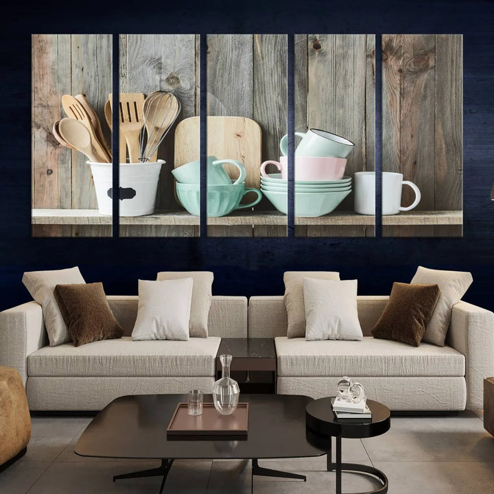 The "Kitchenware on Rustic Woods Canvas" features a triptych of kitchen utensils and cups. This piece evokes artistry reminiscent of museum-quality canvases, with each detail appearing as if handcrafted in the USA.