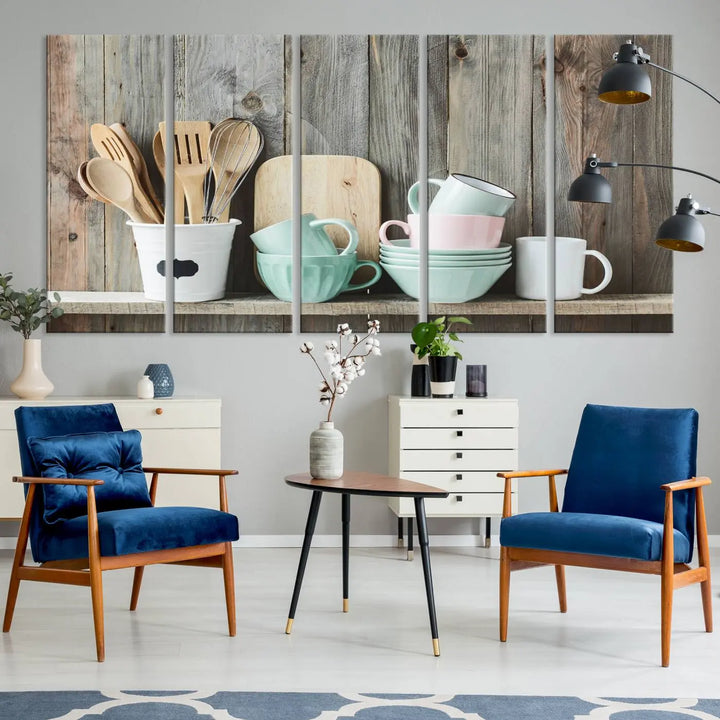 The "Kitchenware on Rustic Woods Canvas" features a triptych of kitchen utensils and cups. This piece evokes artistry reminiscent of museum-quality canvases, with each detail appearing as if handcrafted in the USA.