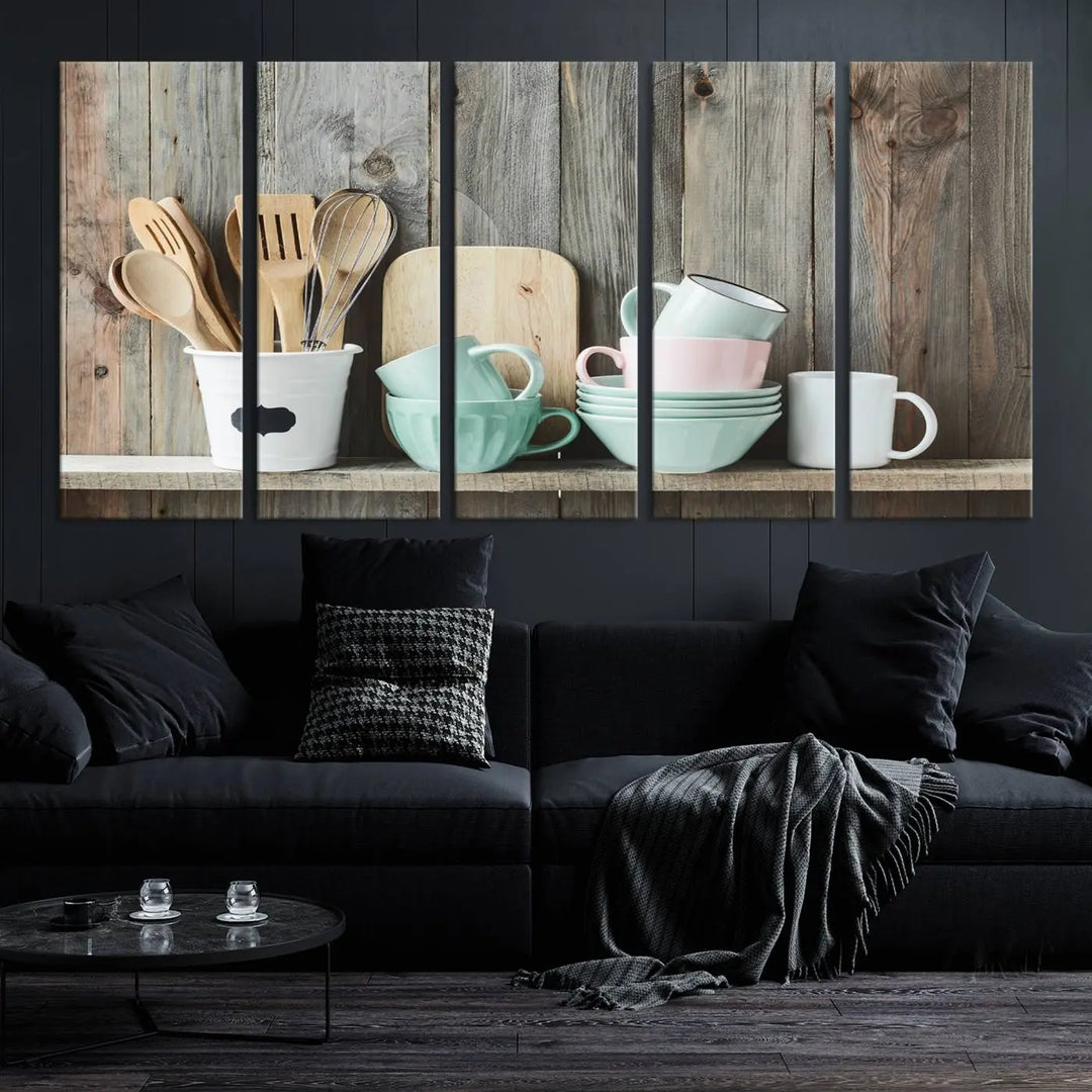 The "Kitchenware on Rustic Woods Canvas" features a triptych of kitchen utensils and cups. This piece evokes artistry reminiscent of museum-quality canvases, with each detail appearing as if handcrafted in the USA.