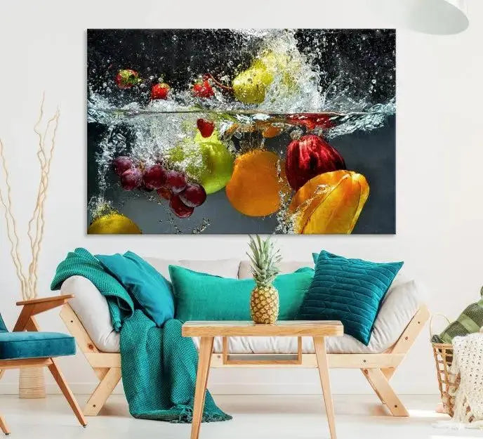 The "Kitchen Vegetables World Wall Art Canvas Print," featuring a triptych design on museum-quality canvas with a UV-protective coating, captures the dynamic scene of fruits splashing into water. Enjoy this vibrant piece with free shipping.