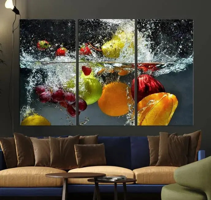 The "Kitchen Vegetables World Wall Art Canvas Print," featuring a triptych design on museum-quality canvas with a UV-protective coating, captures the dynamic scene of fruits splashing into water. Enjoy this vibrant piece with free shipping.