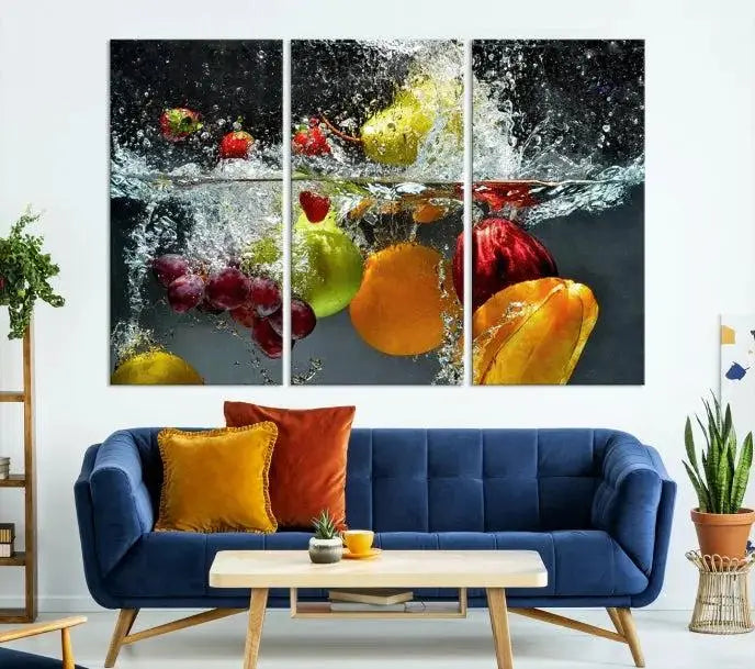 The "Kitchen Vegetables World Wall Art Canvas Print," featuring a triptych design on museum-quality canvas with a UV-protective coating, captures the dynamic scene of fruits splashing into water. Enjoy this vibrant piece with free shipping.