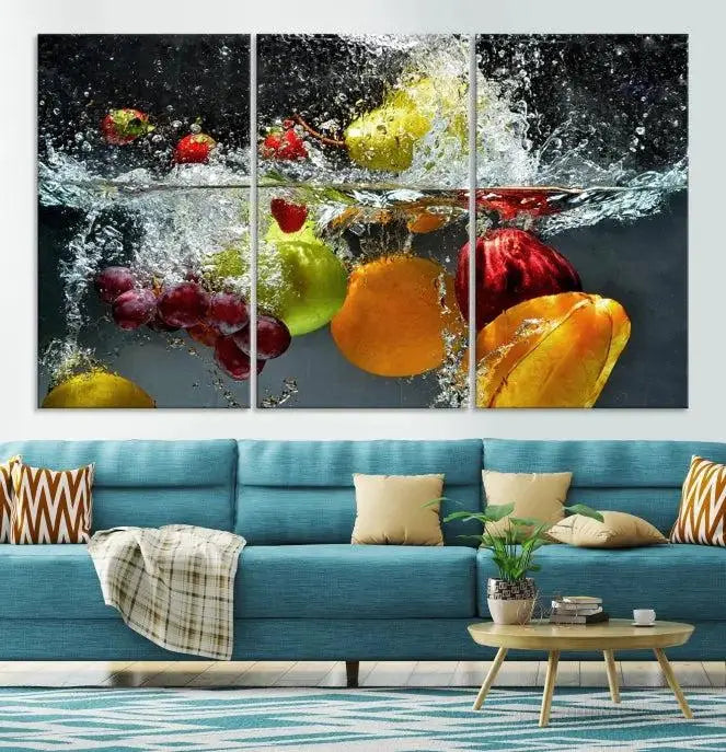 The "Kitchen Vegetables World Wall Art Canvas Print," featuring a triptych design on museum-quality canvas with a UV-protective coating, captures the dynamic scene of fruits splashing into water. Enjoy this vibrant piece with free shipping.