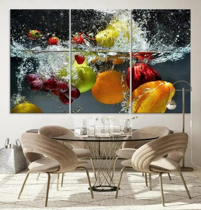 The "Kitchen Vegetables World Wall Art Canvas Print," featuring a triptych design on museum-quality canvas with a UV-protective coating, captures the dynamic scene of fruits splashing into water. Enjoy this vibrant piece with free shipping.