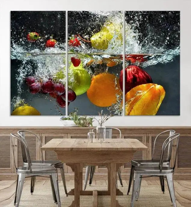 The "Kitchen Vegetables World Wall Art Canvas Print," featuring a triptych design on museum-quality canvas with a UV-protective coating, captures the dynamic scene of fruits splashing into water. Enjoy this vibrant piece with free shipping.