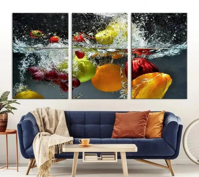 The "Kitchen Vegetables World Wall Art Canvas Print," featuring a triptych design on museum-quality canvas with a UV-protective coating, captures the dynamic scene of fruits splashing into water. Enjoy this vibrant piece with free shipping.