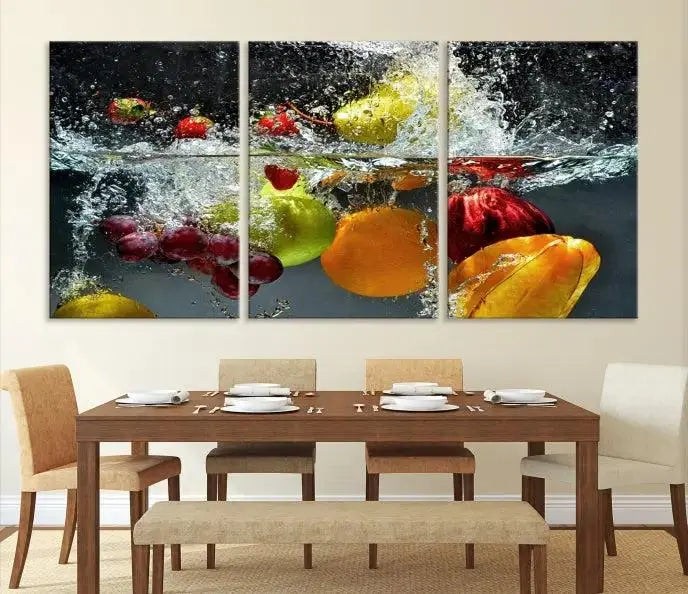 The "Kitchen Vegetables World Wall Art Canvas Print," featuring a triptych design on museum-quality canvas with a UV-protective coating, captures the dynamic scene of fruits splashing into water. Enjoy this vibrant piece with free shipping.