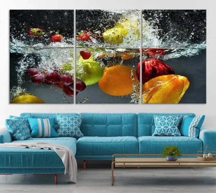 The "Kitchen Vegetables World Wall Art Canvas Print," featuring a triptych design on museum-quality canvas with a UV-protective coating, captures the dynamic scene of fruits splashing into water. Enjoy this vibrant piece with free shipping.