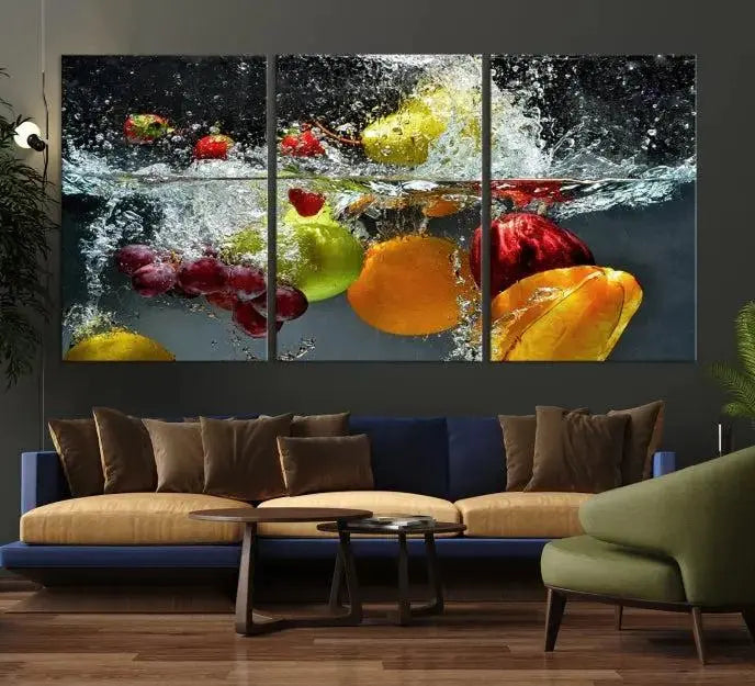 The "Kitchen Vegetables World Wall Art Canvas Print," featuring a triptych design on museum-quality canvas with a UV-protective coating, captures the dynamic scene of fruits splashing into water. Enjoy this vibrant piece with free shipping.