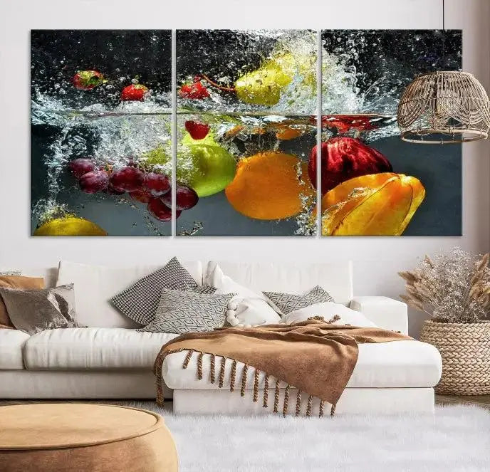 The "Kitchen Vegetables World Wall Art Canvas Print," featuring a triptych design on museum-quality canvas with a UV-protective coating, captures the dynamic scene of fruits splashing into water. Enjoy this vibrant piece with free shipping.