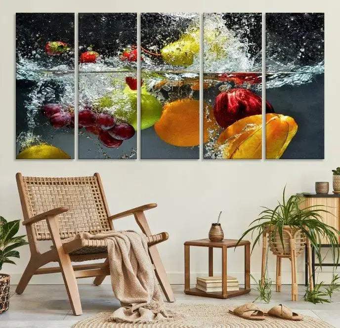 The "Kitchen Vegetables World Wall Art Canvas Print," featuring a triptych design on museum-quality canvas with a UV-protective coating, captures the dynamic scene of fruits splashing into water. Enjoy this vibrant piece with free shipping.