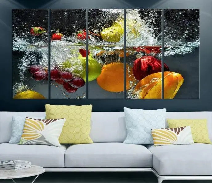 The "Kitchen Vegetables World Wall Art Canvas Print," featuring a triptych design on museum-quality canvas with a UV-protective coating, captures the dynamic scene of fruits splashing into water. Enjoy this vibrant piece with free shipping.