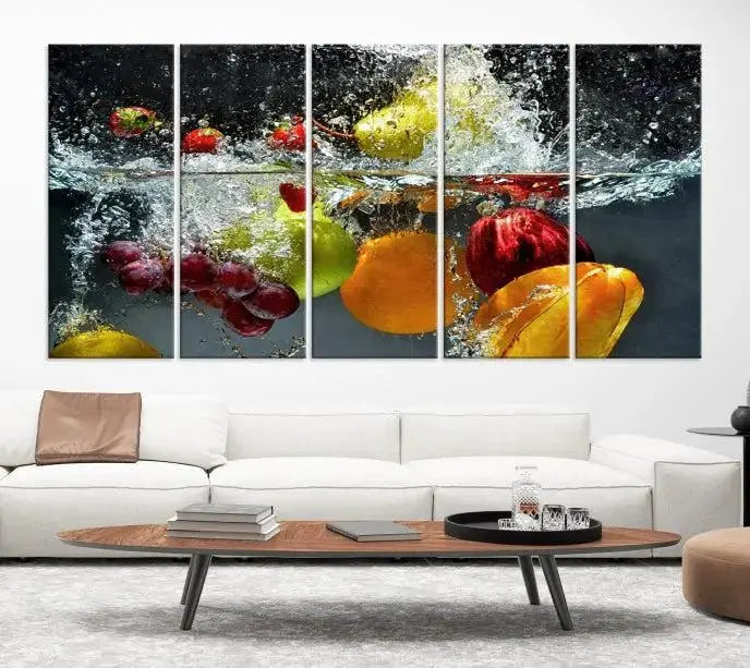 The "Kitchen Vegetables World Wall Art Canvas Print," featuring a triptych design on museum-quality canvas with a UV-protective coating, captures the dynamic scene of fruits splashing into water. Enjoy this vibrant piece with free shipping.