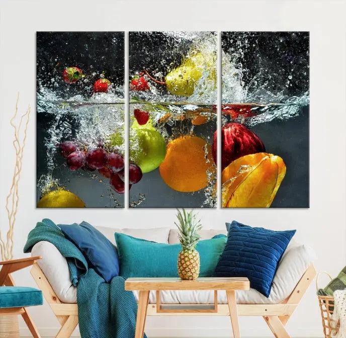 The "Kitchen Vegetables World Wall Art Canvas Print," featuring a triptych design on museum-quality canvas with a UV-protective coating, captures the dynamic scene of fruits splashing into water. Enjoy this vibrant piece with free shipping.