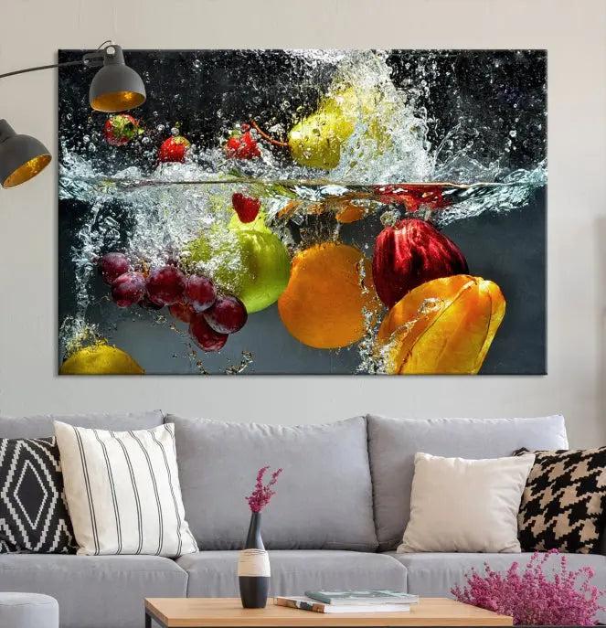 The "Kitchen Vegetables World Wall Art Canvas Print," featuring a triptych design on museum-quality canvas with a UV-protective coating, captures the dynamic scene of fruits splashing into water. Enjoy this vibrant piece with free shipping.