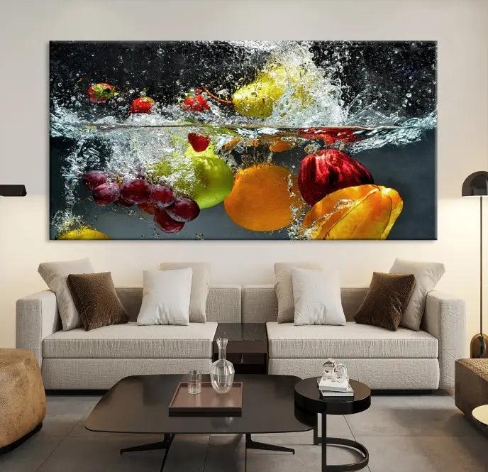 The "Kitchen Vegetables World Wall Art Canvas Print," featuring a triptych design on museum-quality canvas with a UV-protective coating, captures the dynamic scene of fruits splashing into water. Enjoy this vibrant piece with free shipping.