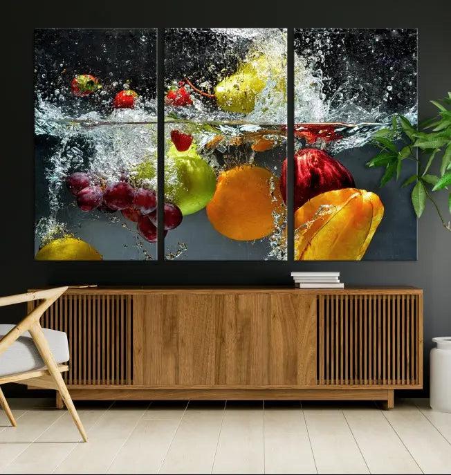 The "Kitchen Vegetables World Wall Art Canvas Print," featuring a triptych design on museum-quality canvas with a UV-protective coating, captures the dynamic scene of fruits splashing into water. Enjoy this vibrant piece with free shipping.